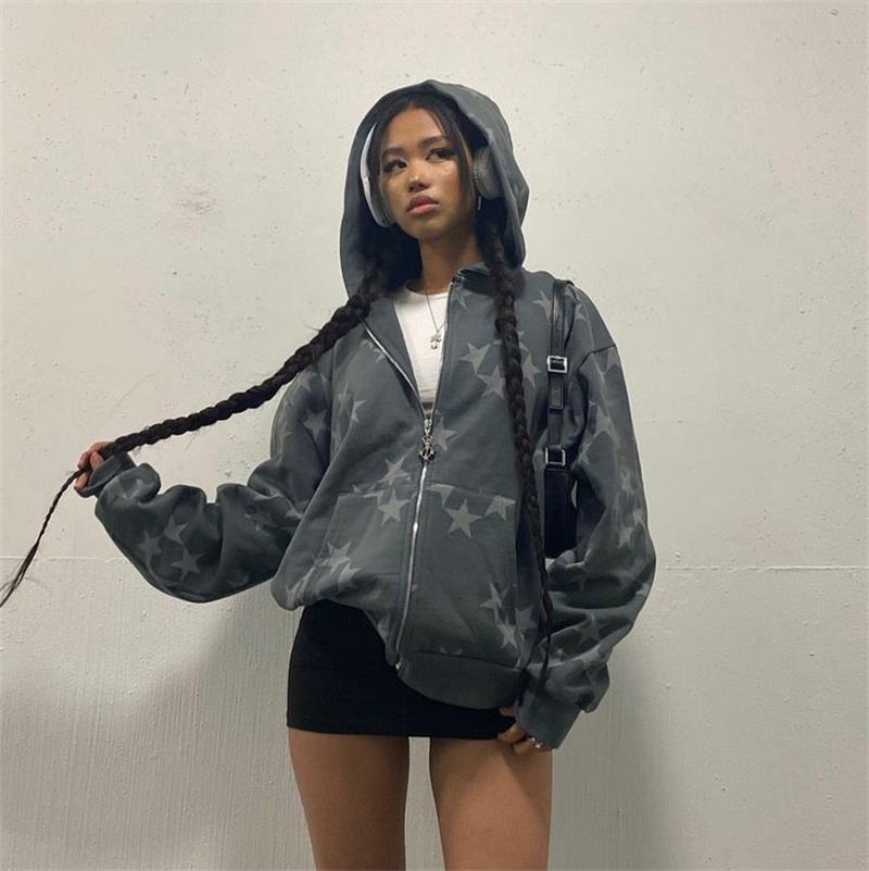 Stars Printed Zipper Hooded Cardigan Couple Fashion Outerwear Hoodies Sweatshirt Street Men Women Coat - cas7m