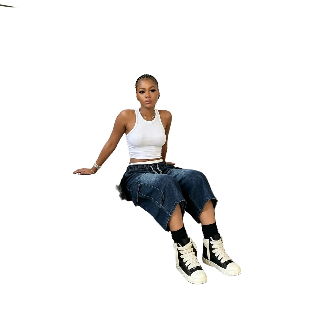 Workwear Denim Pants with Washed Finish Elastic Drawstring Waist Casual Style Bottoms