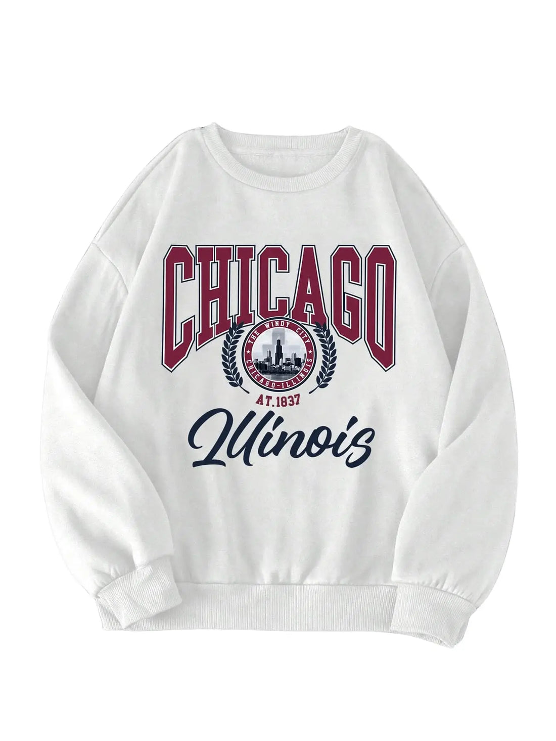 White sweatshirt with 'Chicago Illinois' text and logo on a white background