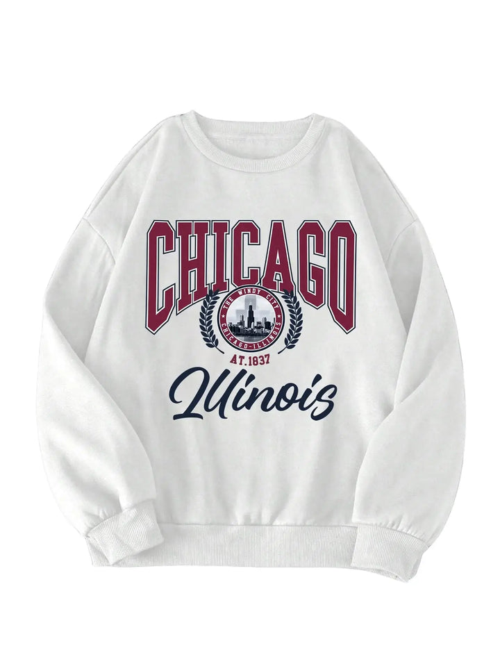White sweatshirt with 'Chicago Illinois' text and logo on a white background