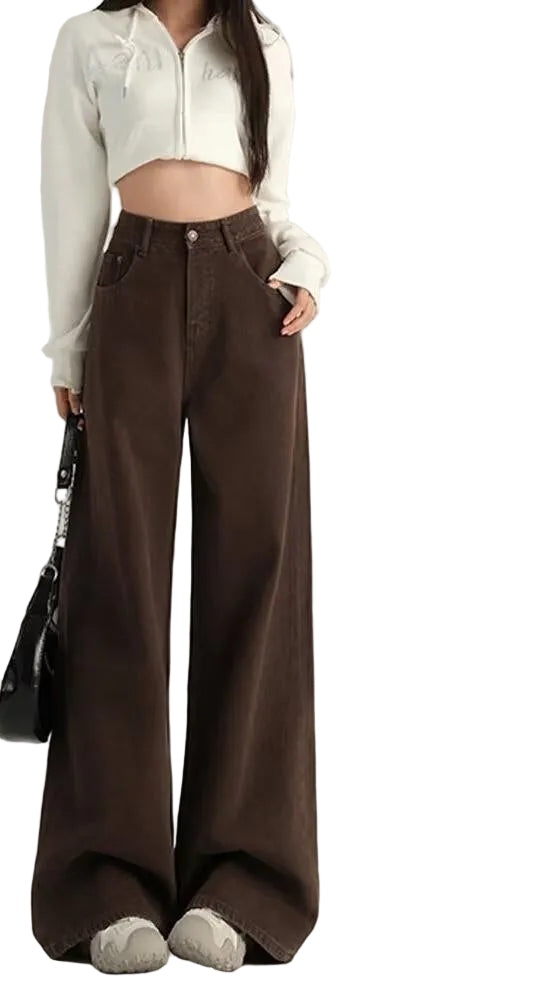 Retro Brown High Waist Straight Pants Women's Wide Leg Mop Pants - cas7m