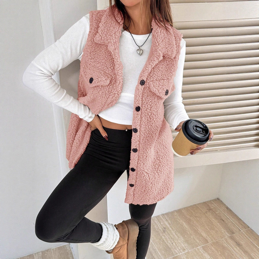 Lapels Open Button Plush Vest Cardigan - cas7m