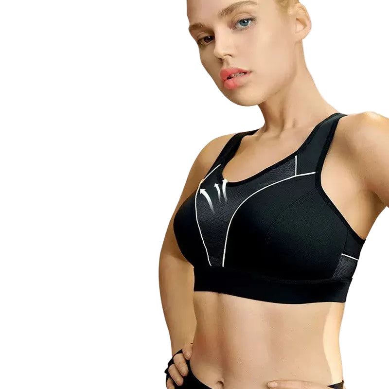 A woman wearing a black sports bra with white contrast stitching, shown against a light gray background with promotional text highlighting breathable mesh, stable support, and cooling properties.