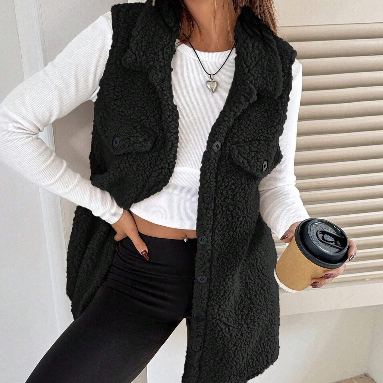 Lapels Open Button Plush Vest Cardigan - cas7m