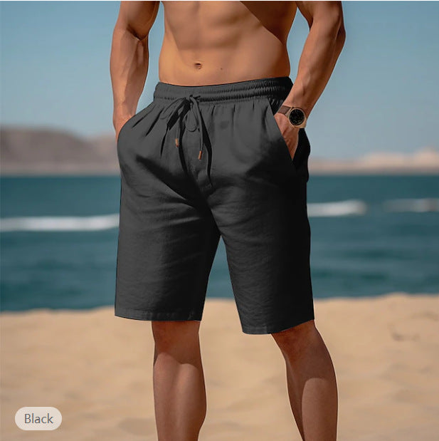 Summer Drawstring Shorts Elastic Waist Straight Pants Beach Breathable Shorts For Men Clothing - cas7m