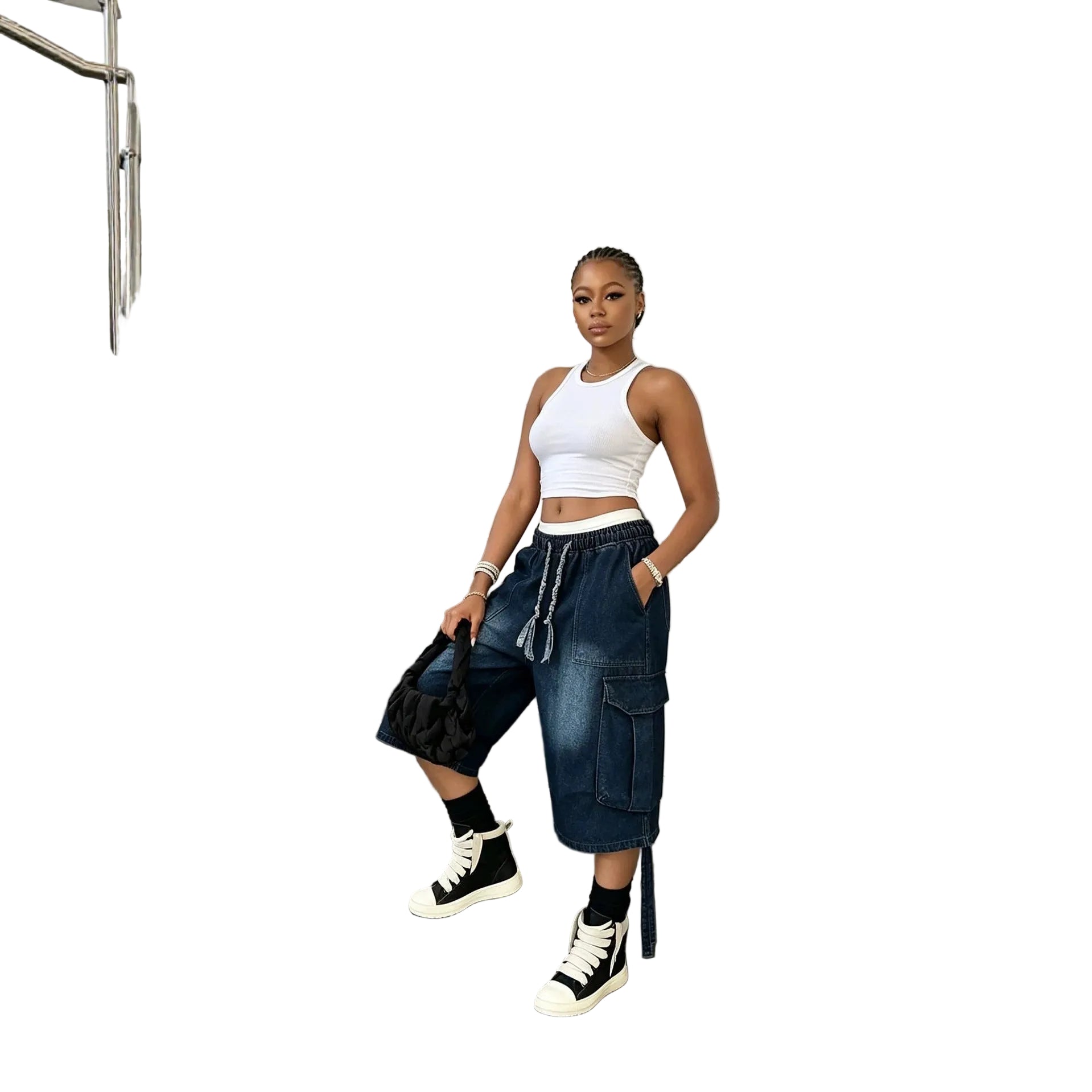 Workwear Denim Pants with Washed Finish Elastic Drawstring Waist Casual Style Bottoms