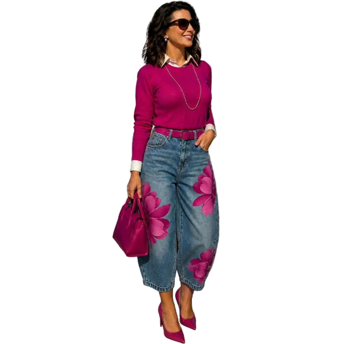 Women's Floral Denim Pants Street Style Printed Design Cropped Jeans