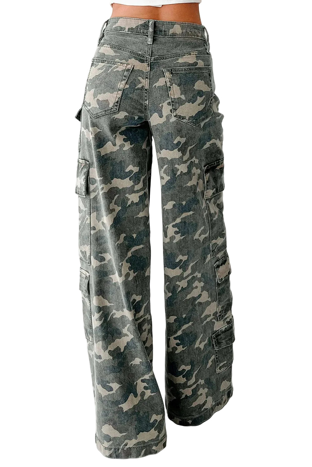 Green Camo Denim Cargo Wide Leg Pants - cas7m