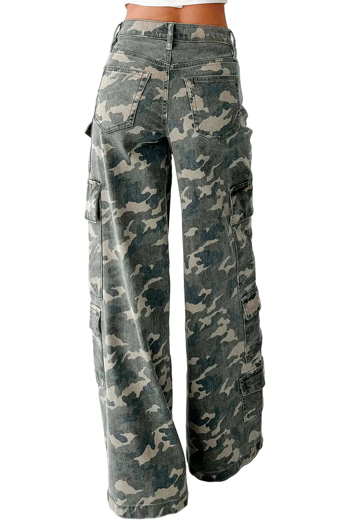 Green Camo Denim Cargo Wide Leg Pants - cas7m