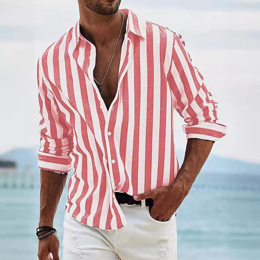 Striped Print Shirt Casual Loose Long-sleeved Shirt Men's Clothing - cas7m