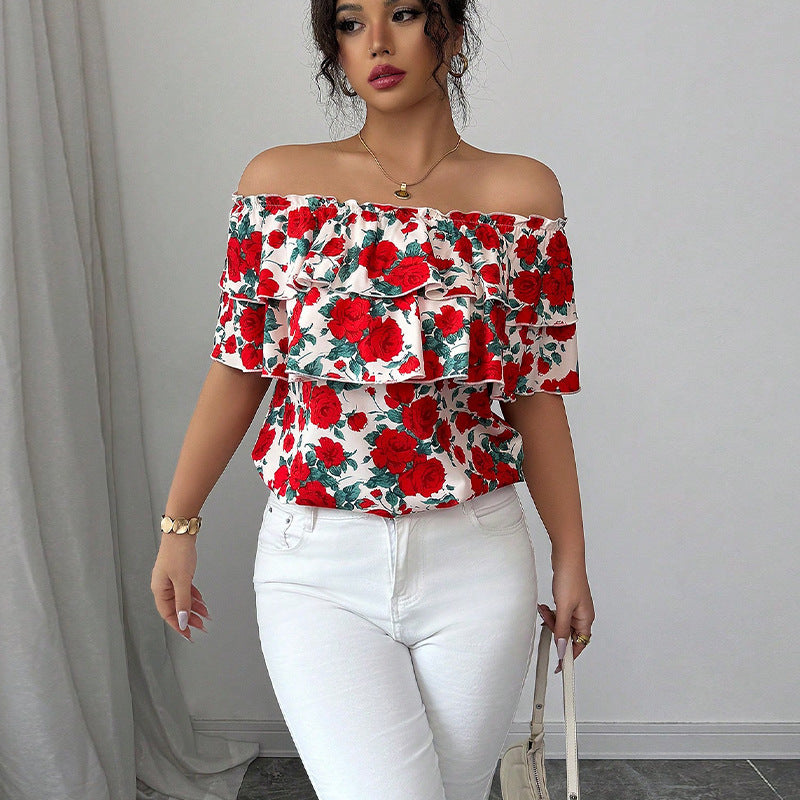 Off-shoulder Short-sleeved Shirt Double-layer Ruffled Women's Clothing - cas7m