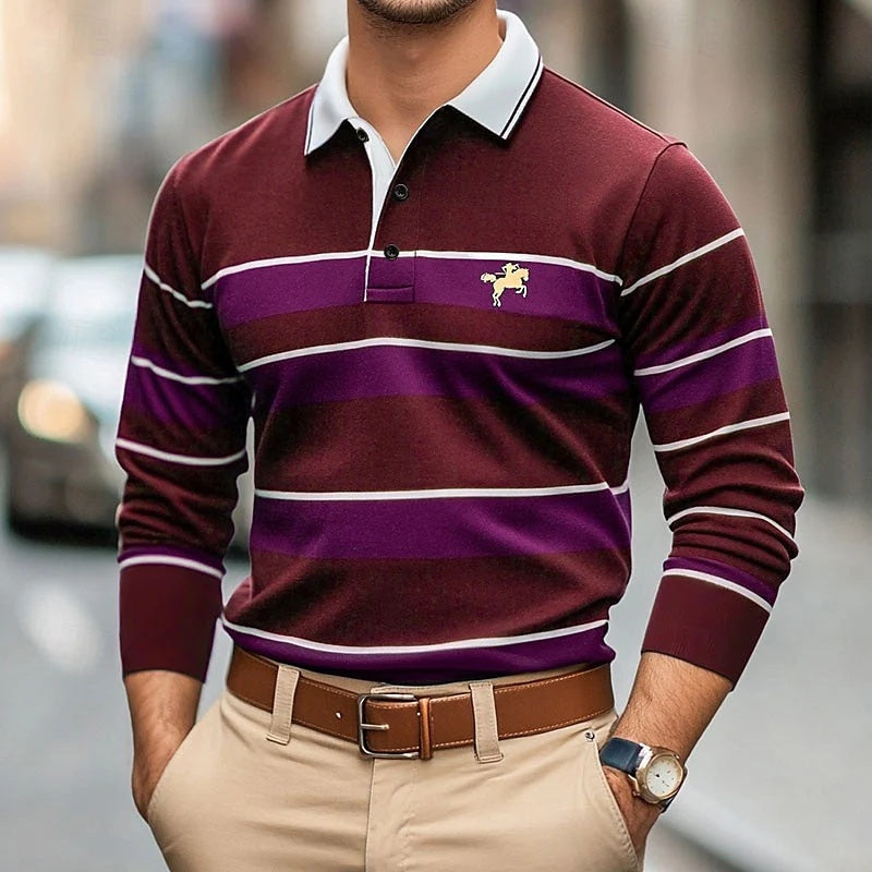 Digital-print Men's Casual Long-sleeve Polo-neck Top - cas7m