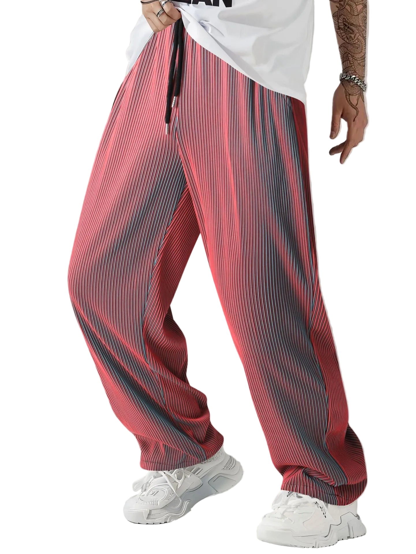 Person wearing red and gray striped pants with a plain background