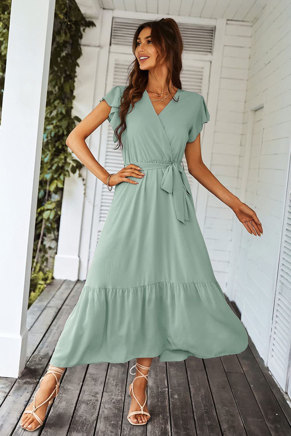 Womens Floral Print Flounce Short-Sleeve Midi Dress - cas7m