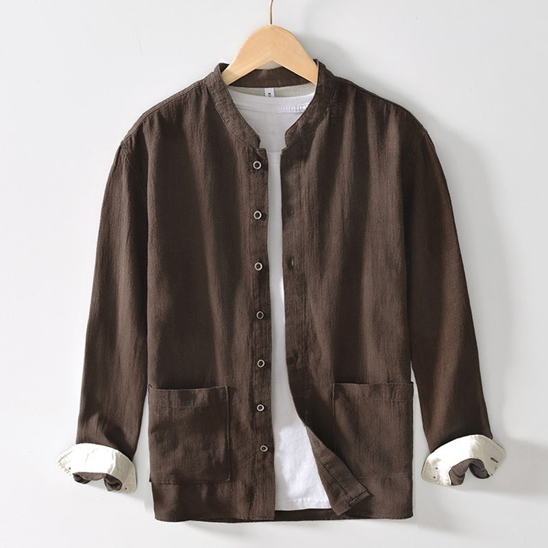 Chinese-style Stand Collar Ramie Long-sleeved Shirt Breathable Linen Casual Chinese-style Shirt For Men - cas7m