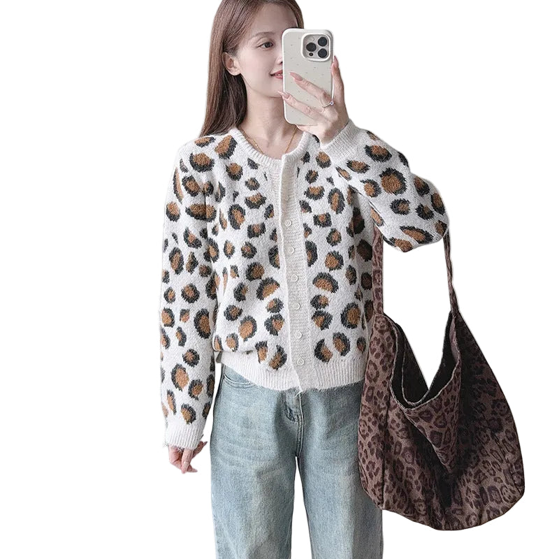 Leopard print long sleeved round neck sweater