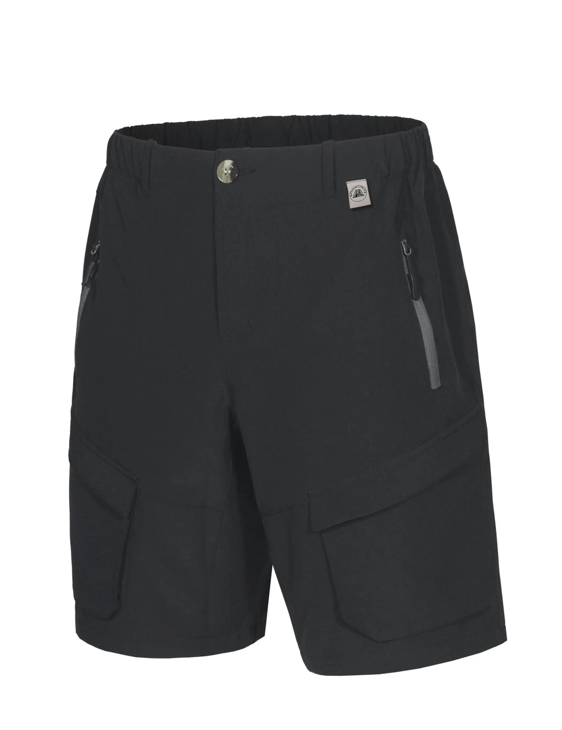 Black outdoor cargo shorts with an elastic waistband, zippered side pockets, and large front cargo pockets, shown on a plain white background.