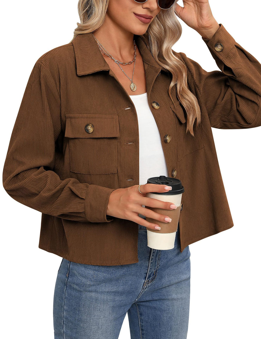 Corduroy Button Cropped Jacket For Women - cas7m