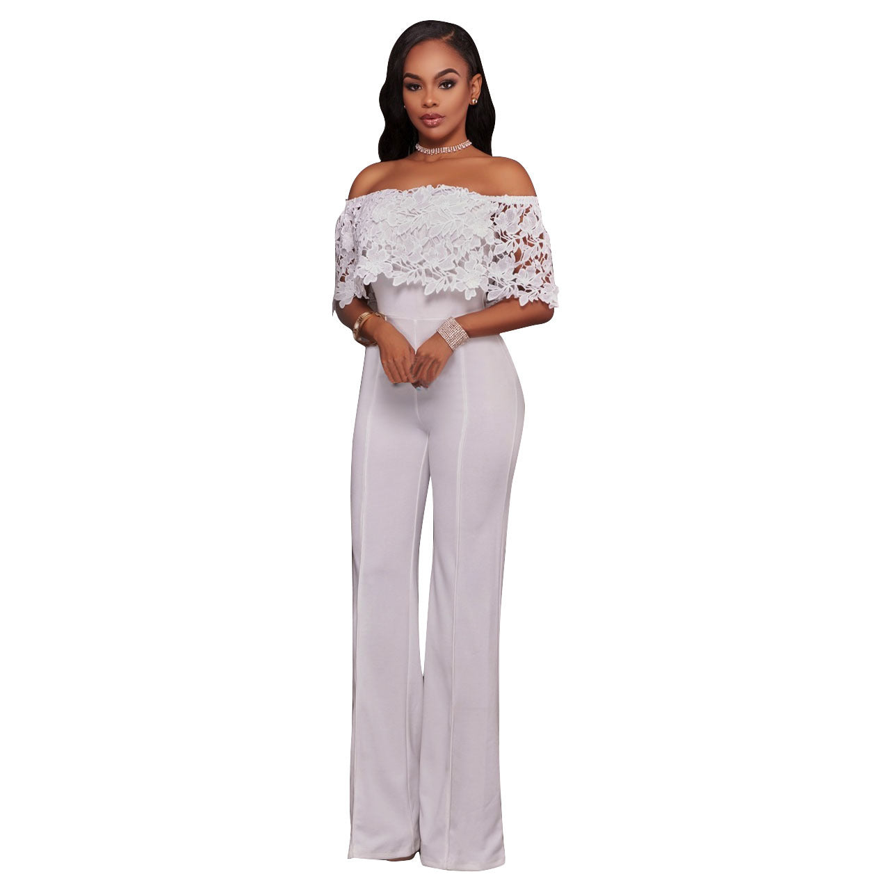 Sexy Tight One-neck Water-soluble Embroidered Jumpsuit - cas7m