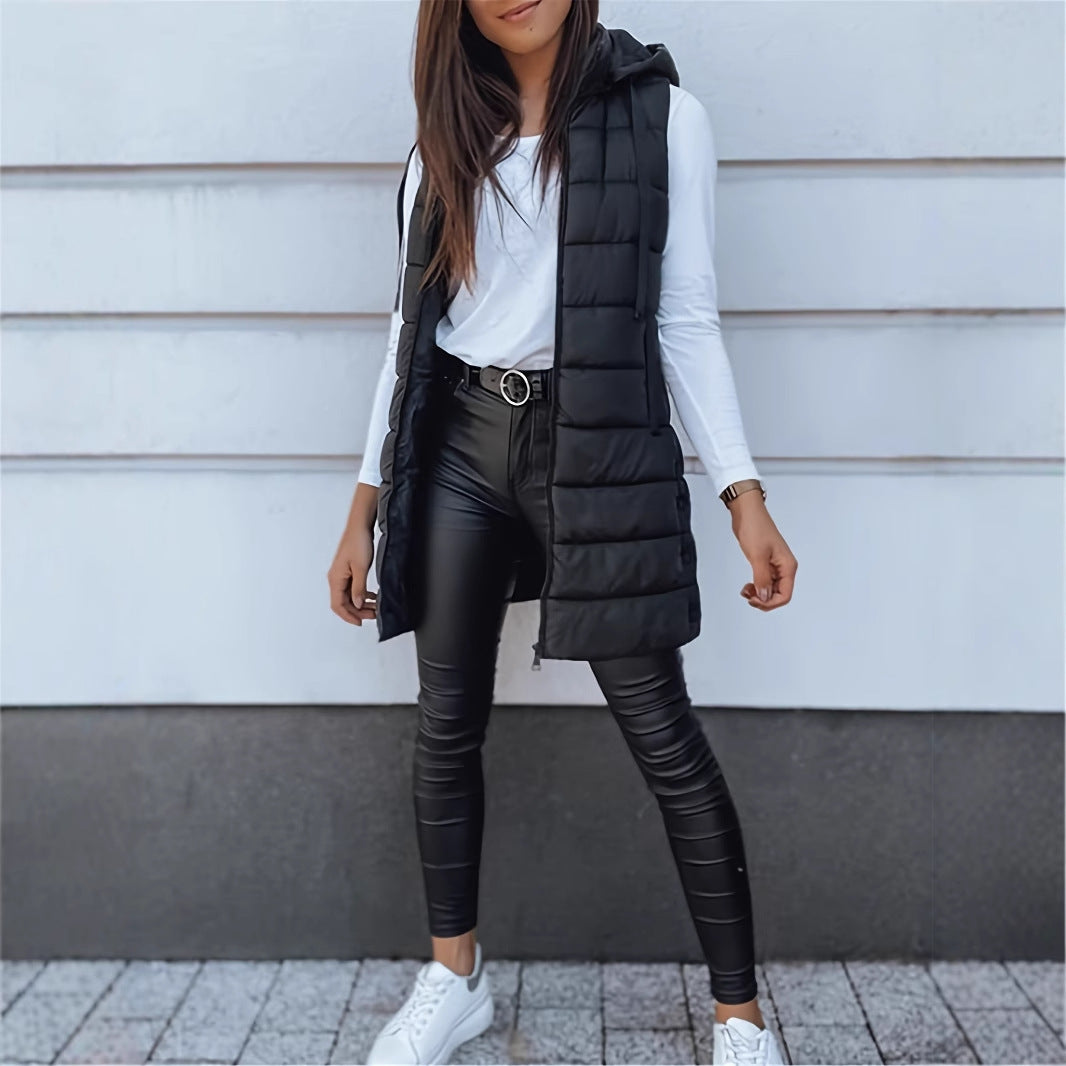 Solid Color Hooded Quilted Zipper Cotton Vest Coat - cas7m