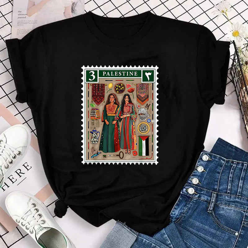 Harajuku Palestine Stamp Retro Plus Size T-shirt Women Vinta - cas7m