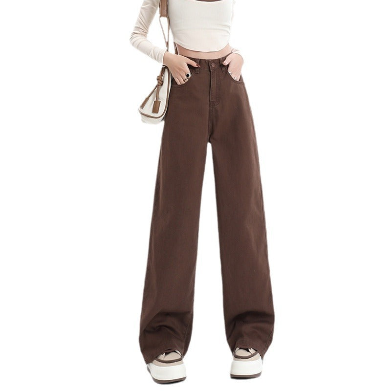 Retro Brown High Waist Straight Pants Women's Wide Leg Mop Pants - cas7m