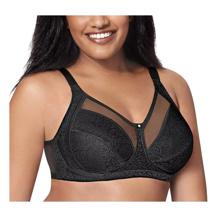 Black lace bra worn by a model on a white background