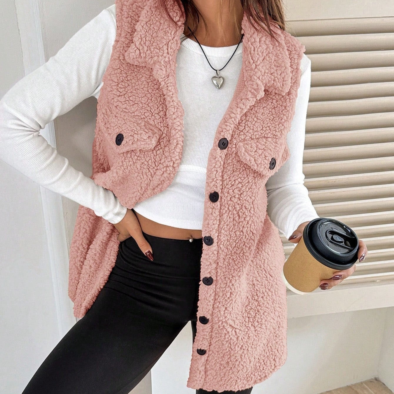 Lapels Open Button Plush Vest Cardigan - cas7m