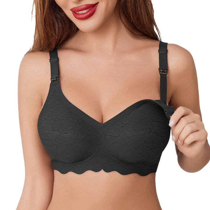 Black bra worn by a model on a white background