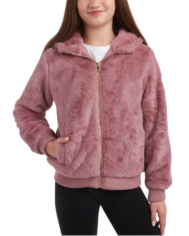 DKNY Girls Sherpa Bomber Jacket - Hooded Faux Fur Winter Coat