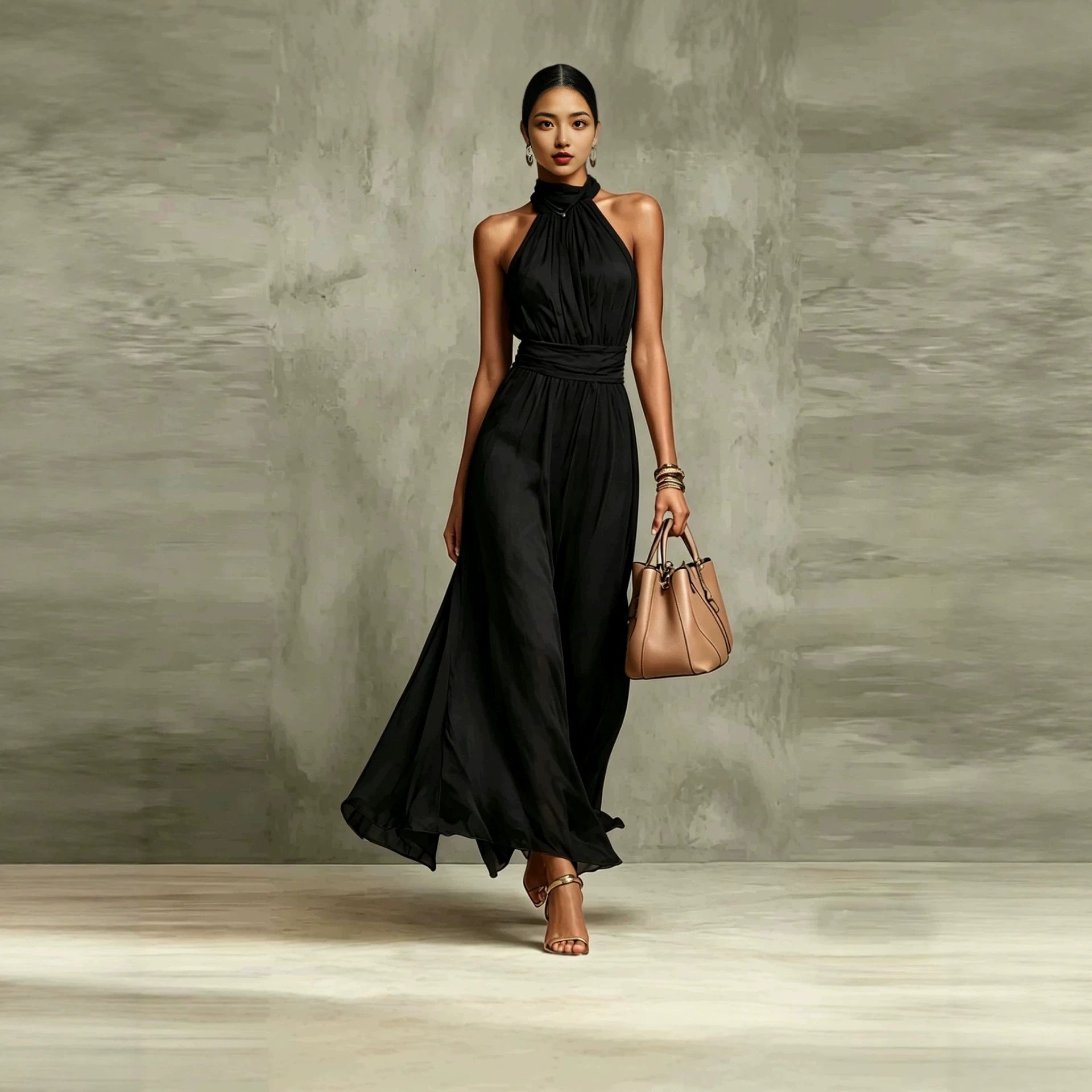 Resort-style Waist-cinching Figure-flattering Pleated Dress - cas7m
