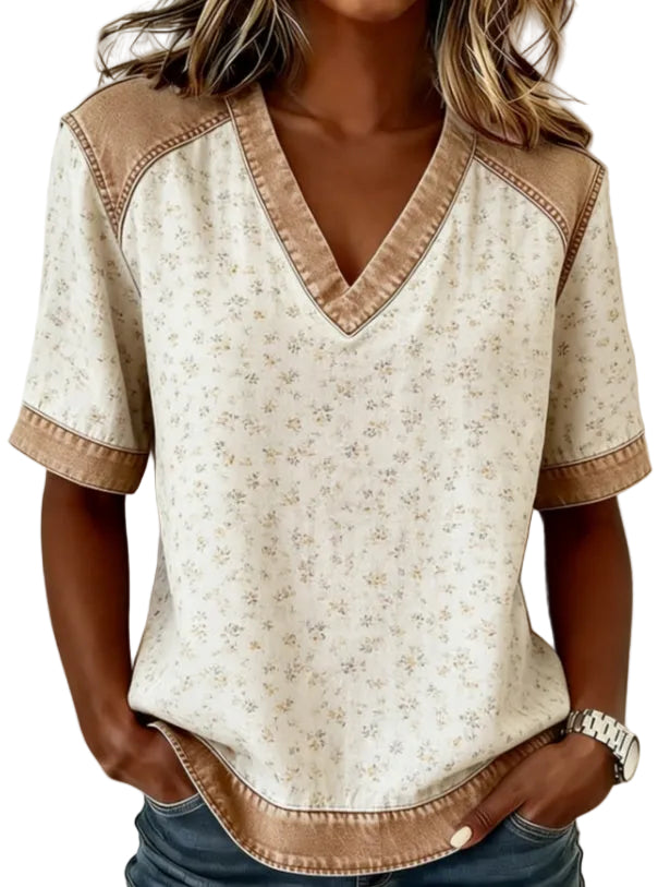 Color-blocked V-neck Raglan Sleeve T-shirt For Women, Loose Fit, Casual And Versatile Short Sleeve. - cas7m