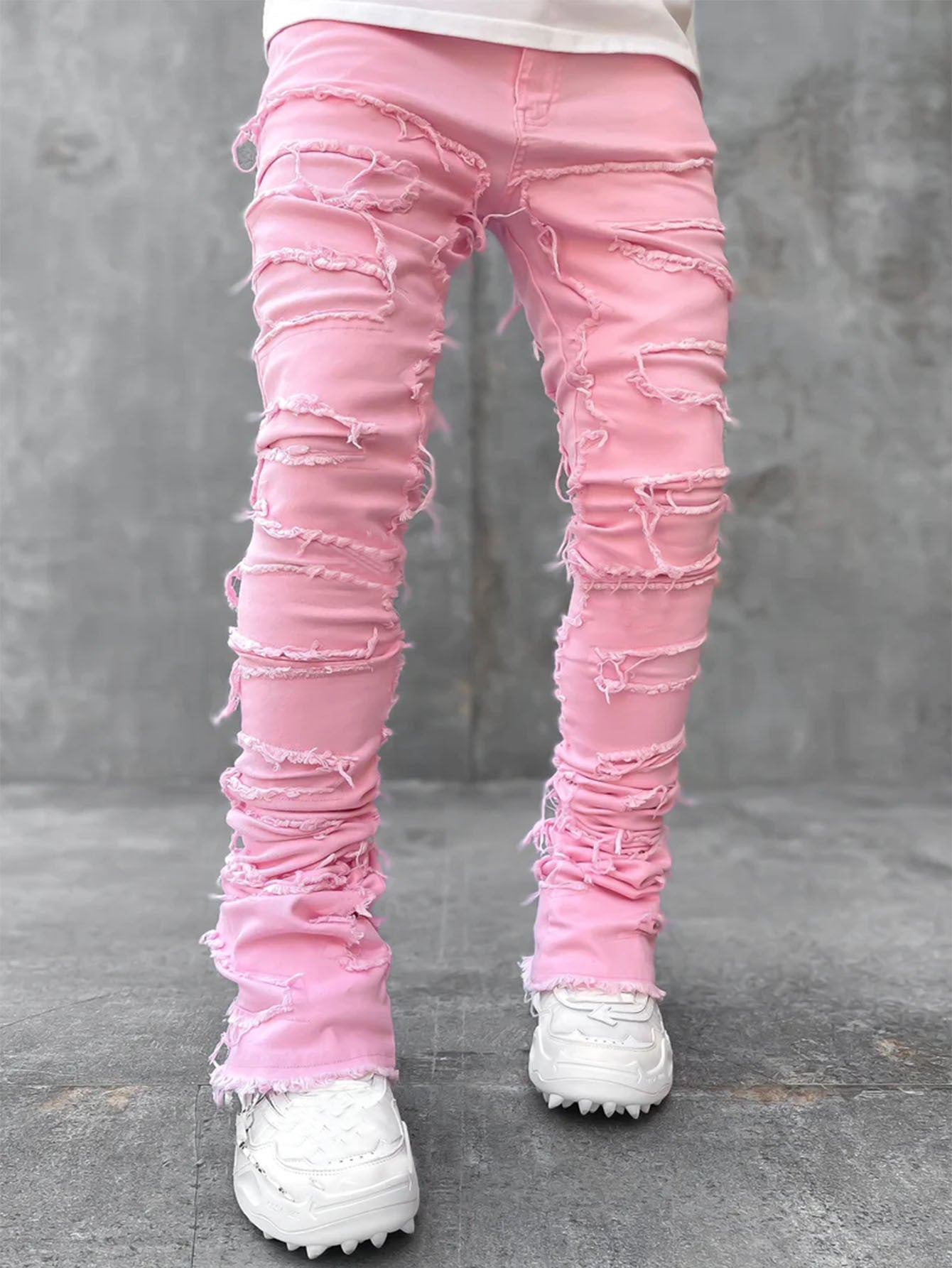Ins Fringes Ripped Trousers Individual Patched Pants Long Tight Fit Stacked Jeans For Mens Clothing - cas7m