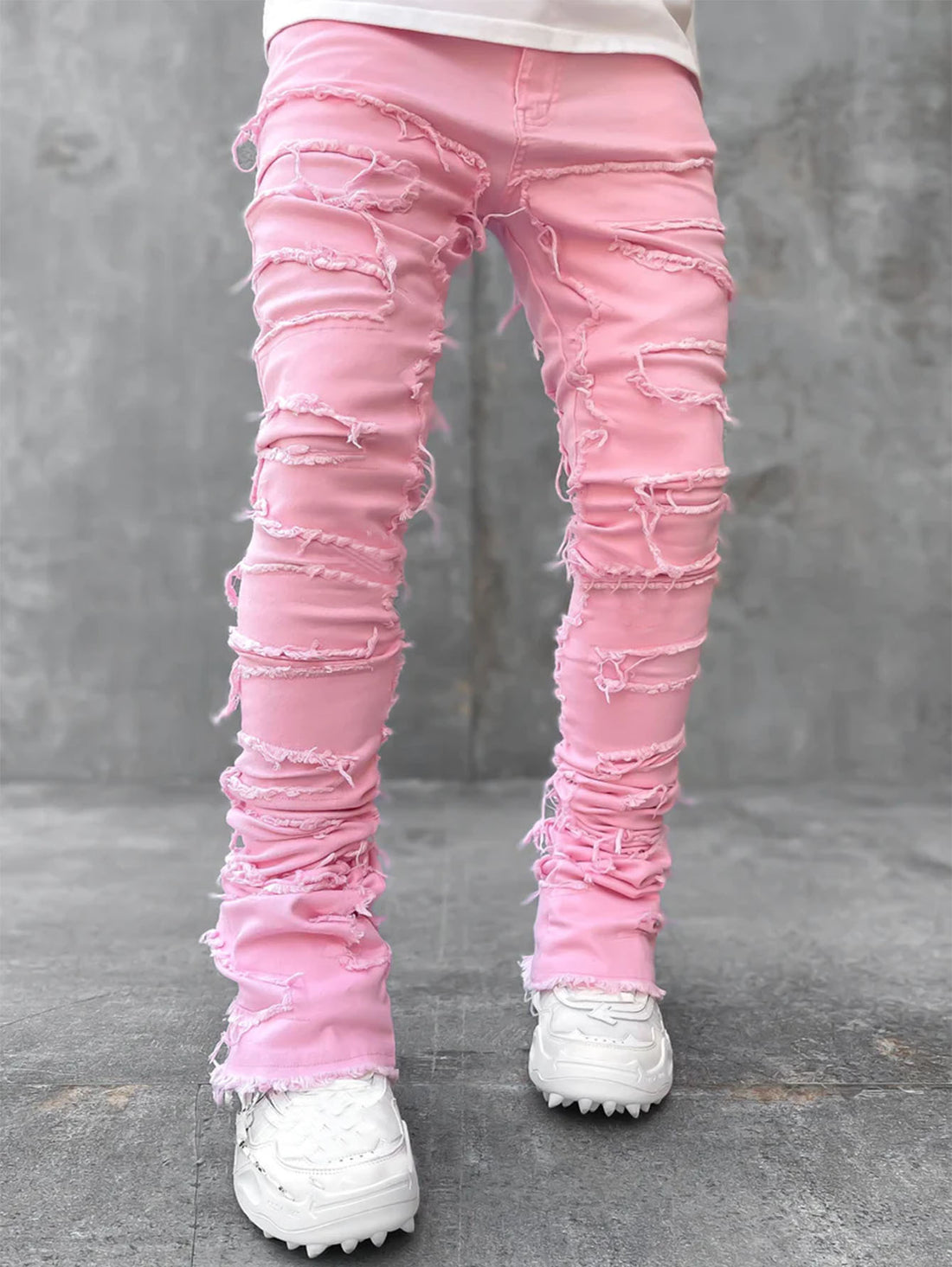 Ins Fringes Ripped Trousers Individual Patched Pants Long Tight Fit Stacked Jeans For Mens Clothing - cas7m