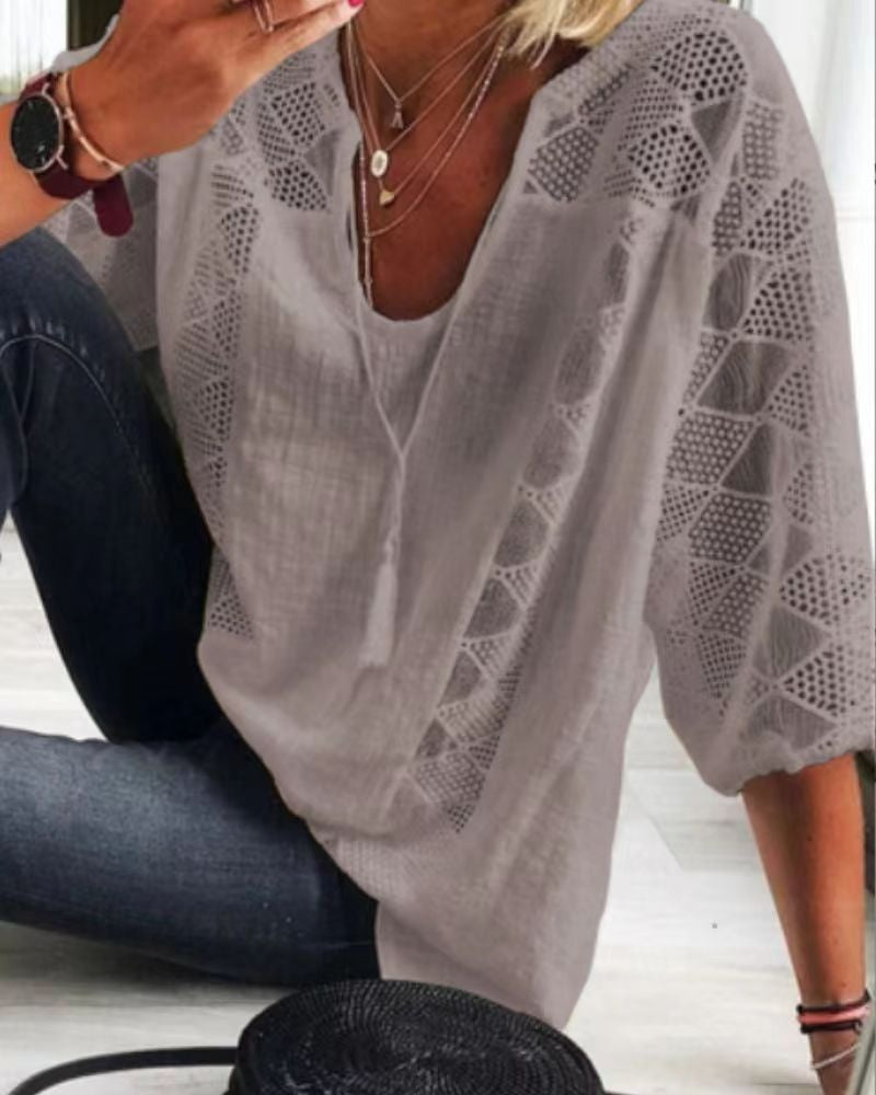 Lace Stitching U-neck 3 4 Sleeve T-shirt - cas7m