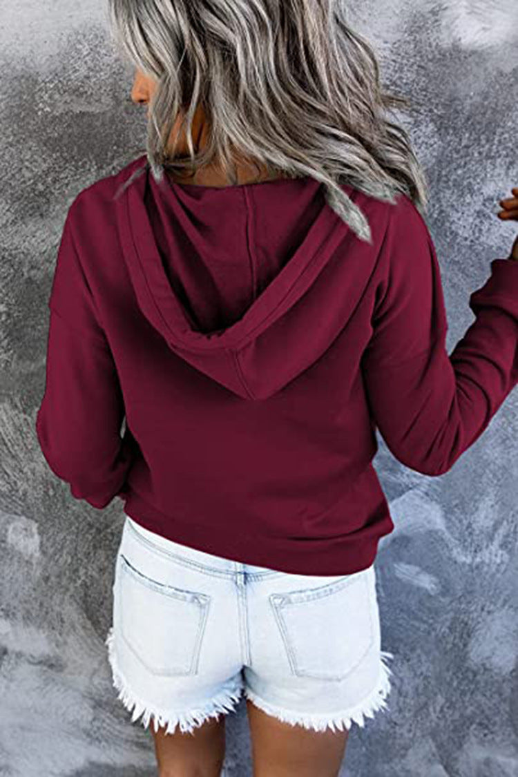 Long-sleeved Hooded Sweatshirt With Pockets Fashion Casual Button Drawstring Design Hoodie Top Spring And Autumn Sports Clothing For Women - cas7m