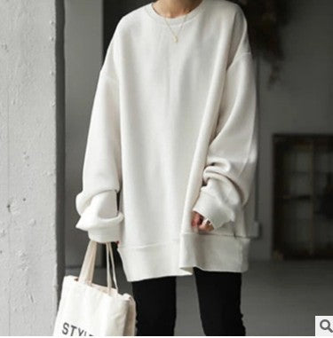 Autumn And Winter New Style Solid Color Mid-length Loose Round Neck Blouse Women - cas7m