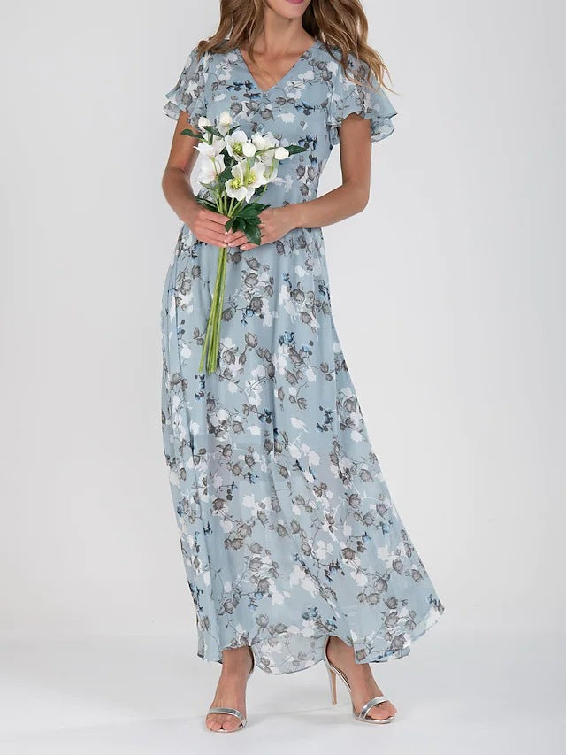 Flowers Print Short Sleeve Dress Summer Fashion Ruffle Beach Dresses Women's Clothing - cas7m