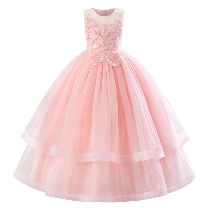 Pink dress with floral embellishments on a white background