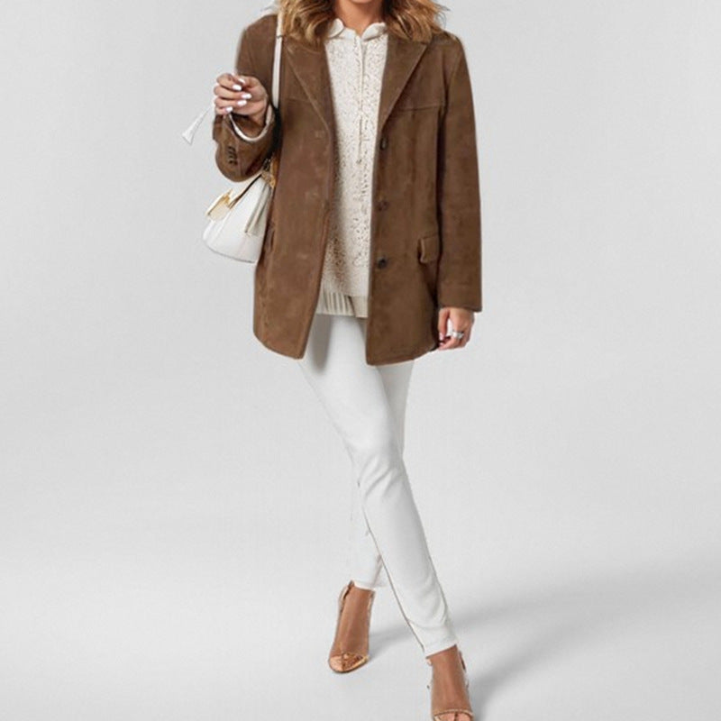 Women's Retro Brown Loose Long Sleeve Jacket - cas7m