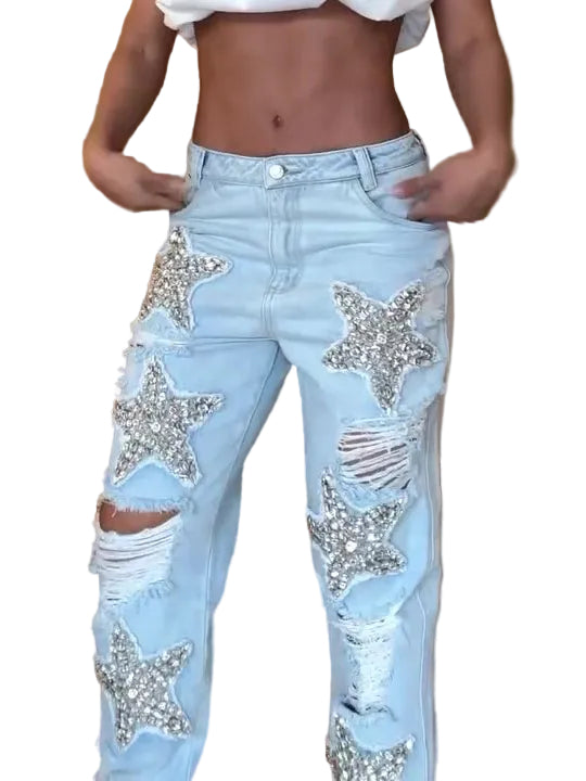 Five-pointed Star Hot Diamond Ripped Jeans - cas7m