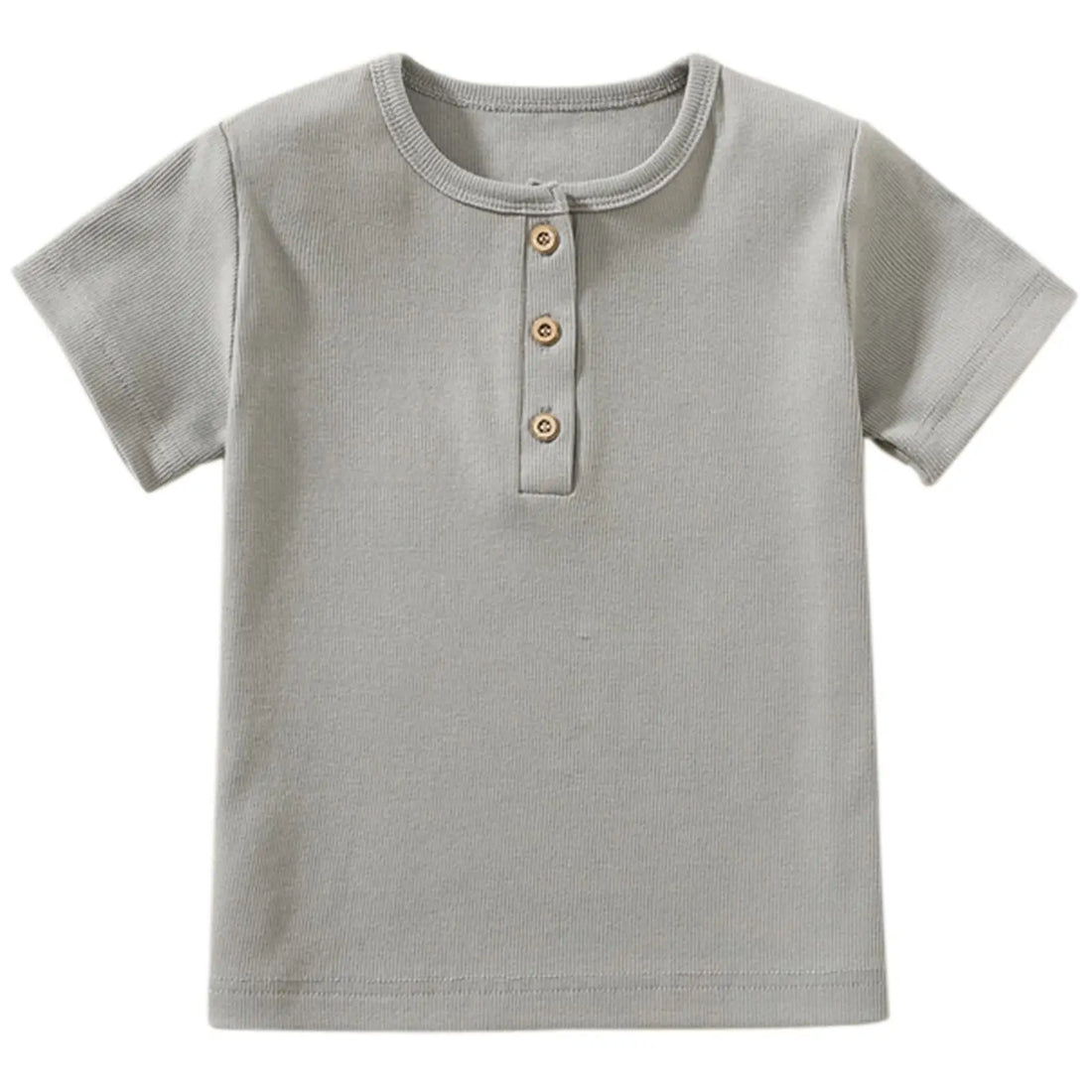 Gray short-sleeve shirt with button details on a white background