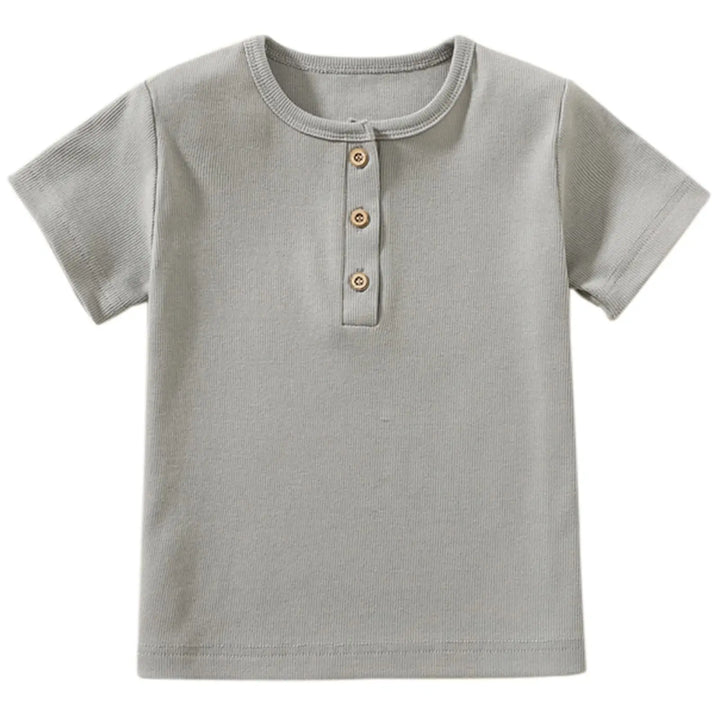 Gray short-sleeve shirt with button details on a white background