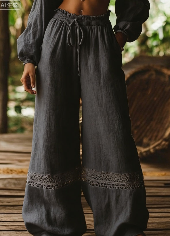 Hollow-out Elastic Waist Wide-leg Pants - cas7m