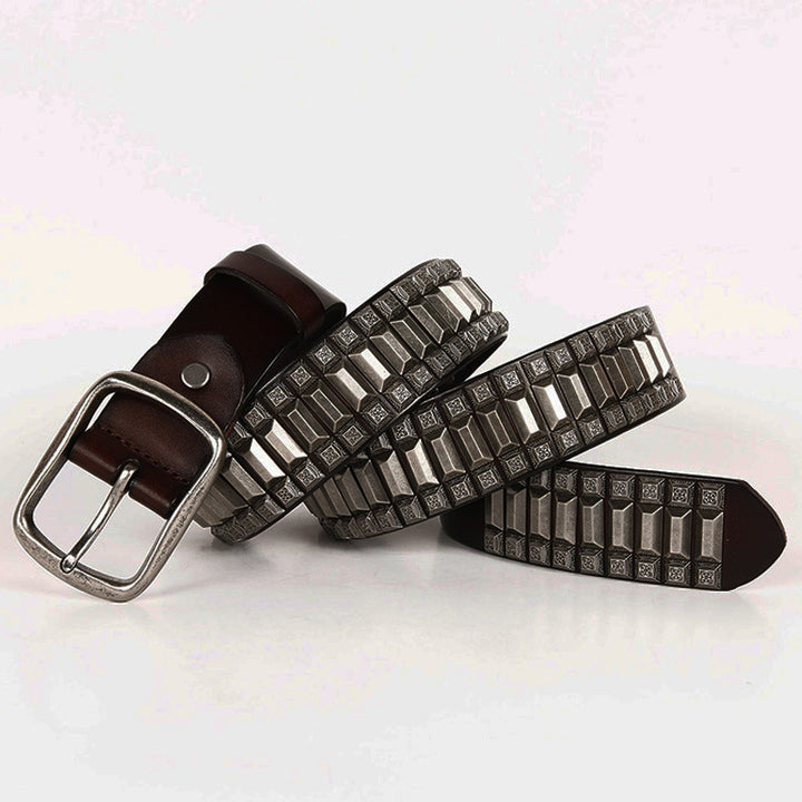 Pagoda Retro Belt Rivet Hip-Hop Top Layer Cowhide Unisex Belt For Men and Women - cas7m