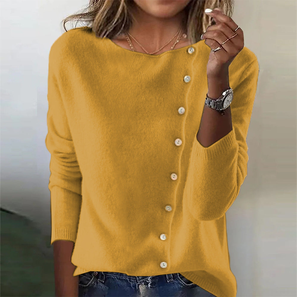 Elegant Round Neck Long Sleeve Button Sweater For Women Fall Spring Knitted Sweaters Tops - cas7m