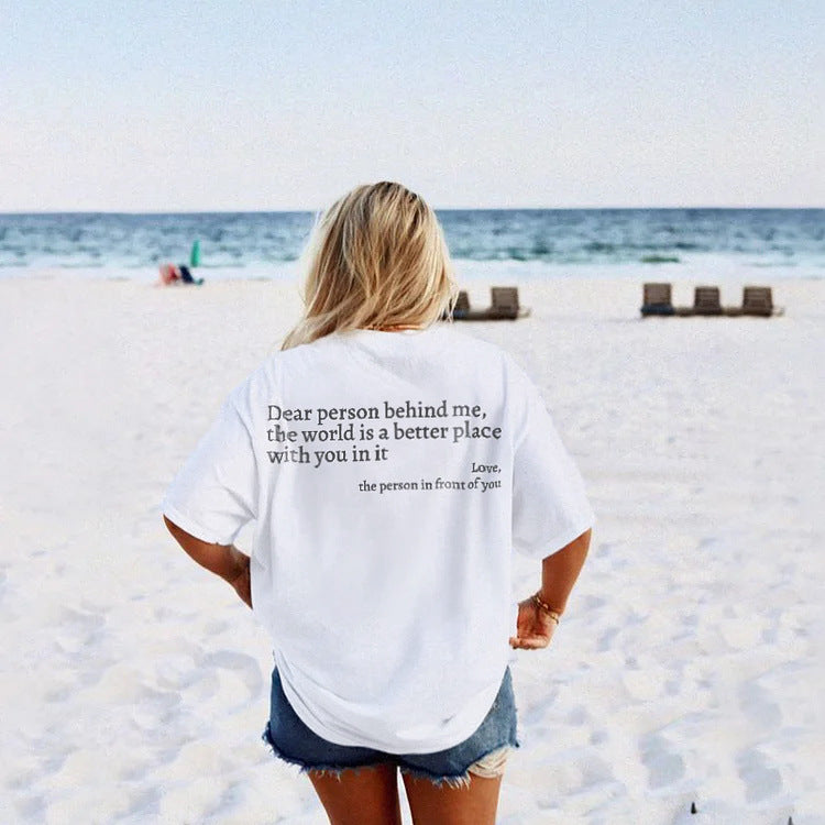 New Fashion Womens Letter T-Shirt Round Neck Short Sleeve Slogan Tee Top - cas7m