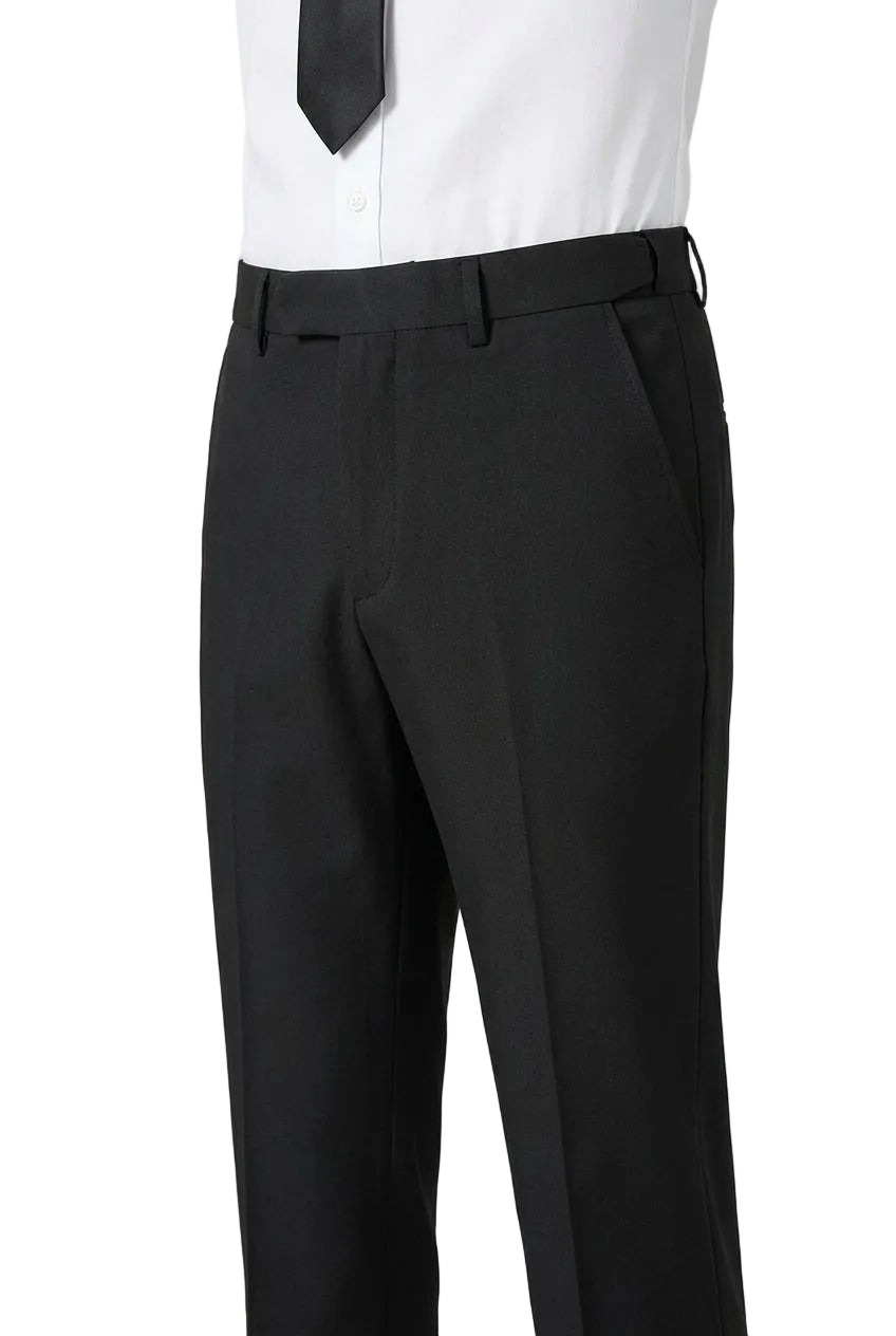 Black pants with waist adjustment feature on a white background