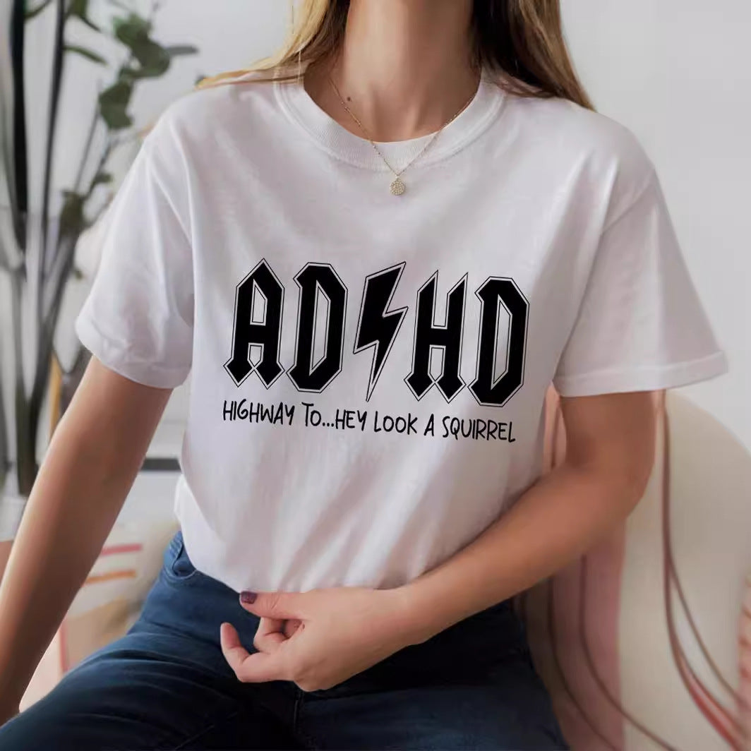 Letter Pattern Printed Women's Cotton T-shirt Short Sleeve - cas7m