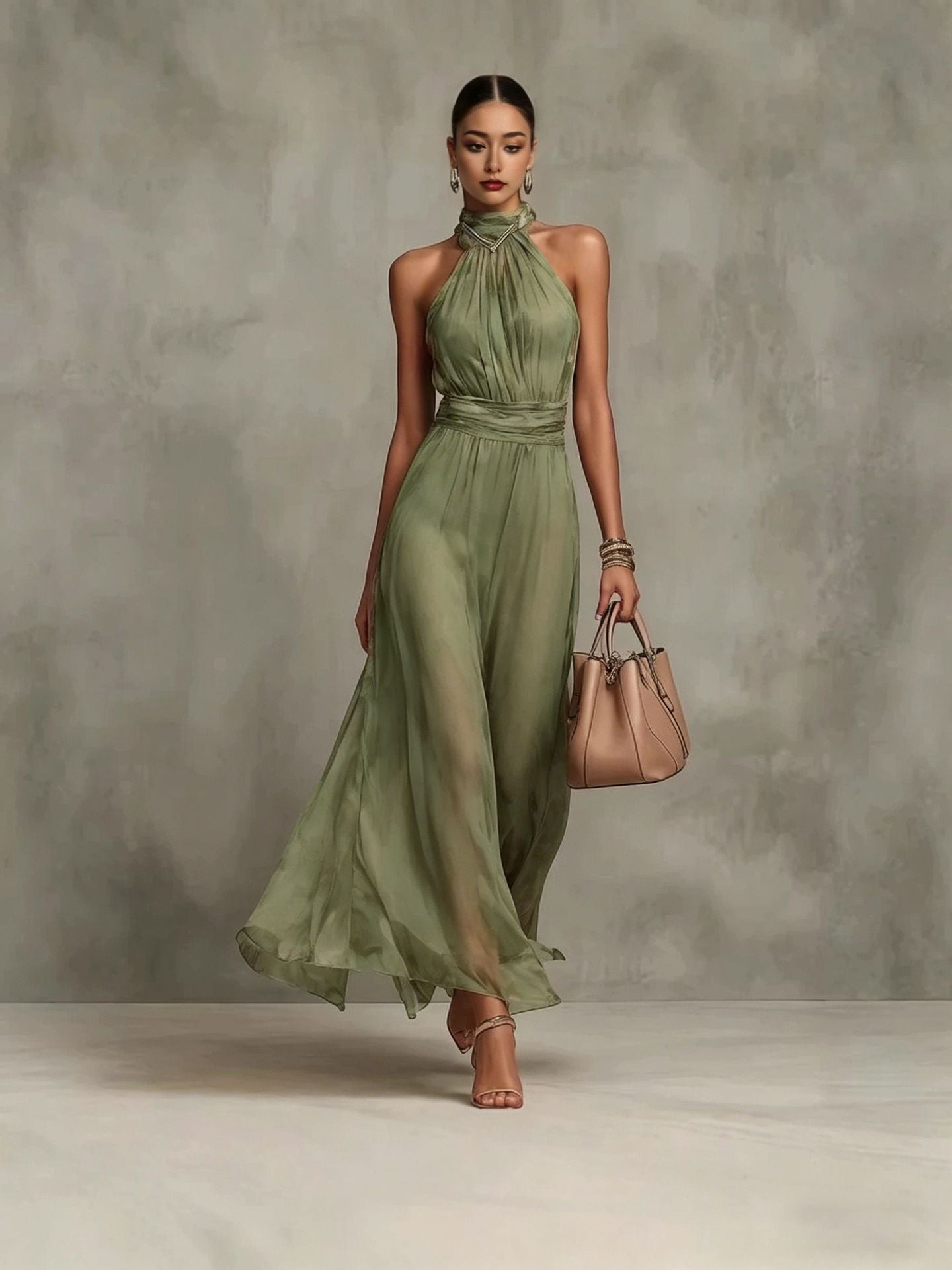 Resort-style Waist-cinching Figure-flattering Pleated Dress - cas7m